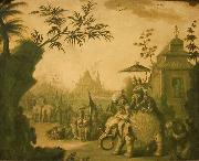 Jean-Baptiste Pillement A Chinoiserie Procession of Figures Riding on Elephants with Temples Beyond France oil painting artist